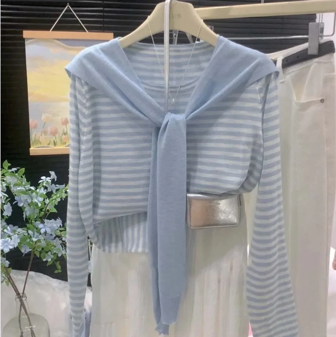 早秋新款多巴胺披肩条纹冰丝针织衫女秋季韩系穿搭两件套上衣