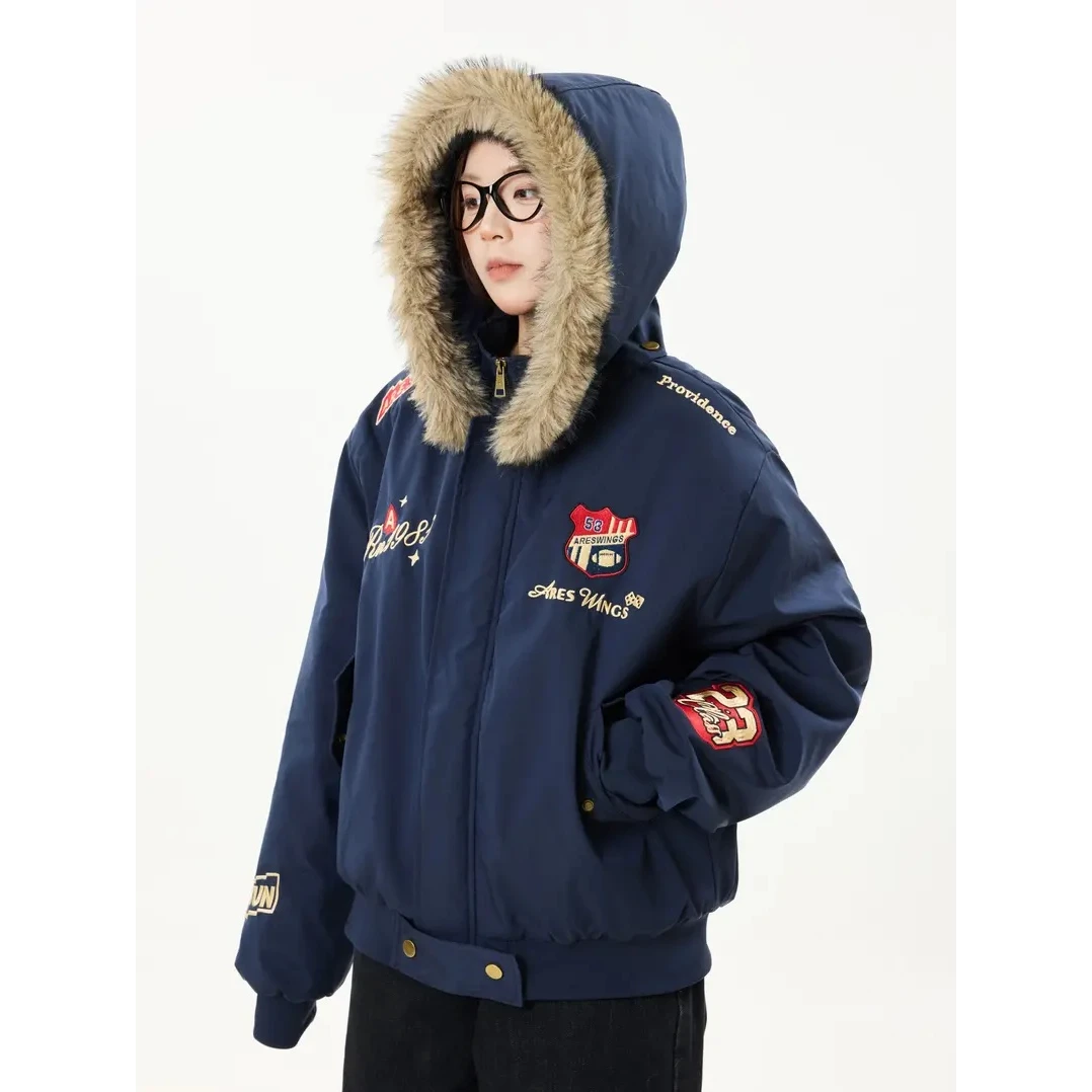 美式复古刺绣徽章毛领可拆卸连帽棉服男女秋冬加厚情侣棉衣外套