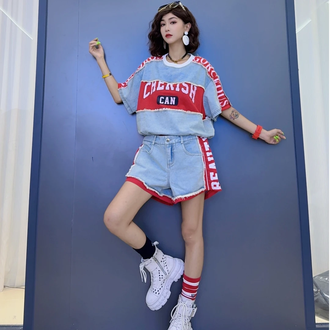 潮流宽松休闲拼色时尚圆领上衣-夏季嘻哈显瘦百搭洋气阔腿短裤