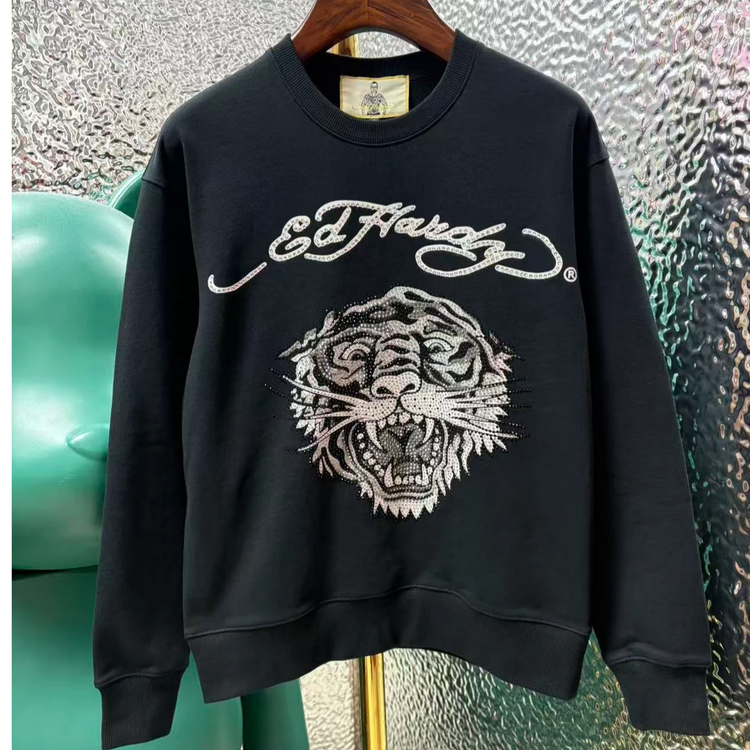 ED 420克纯棉毛圈灰白虎头拔印烫钻圆领卫衣