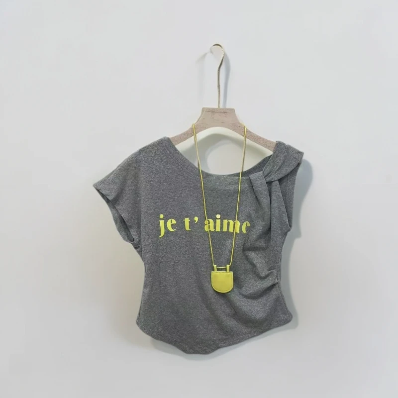 85380字母斜肩T恤女款时尚百搭韩版简约T恤