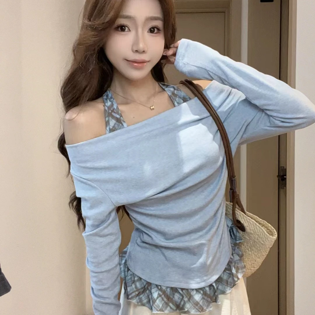 不对称收腰蕾丝拼接荡领针织T恤设计感小众气质宽松修身长袖上衣