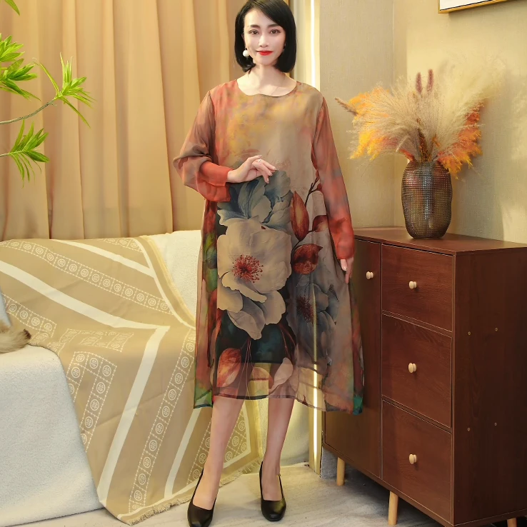 2571桔【桑蚕丝/设计款】现-2025早春新款时尚百搭宽松款显瘦连衣裙