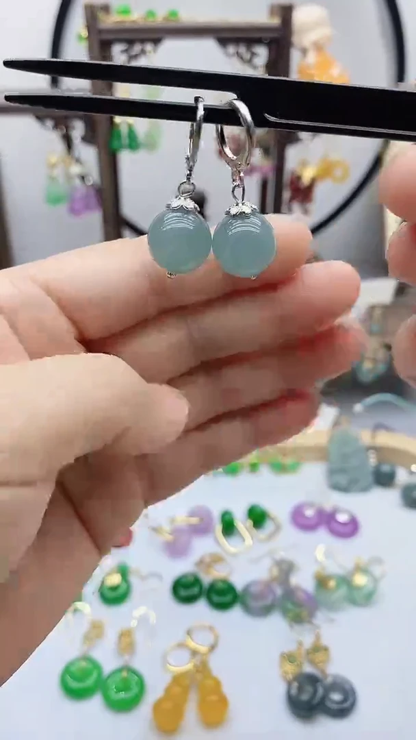 石英质玉（非洲翠）银S925镶嵌耳饰173