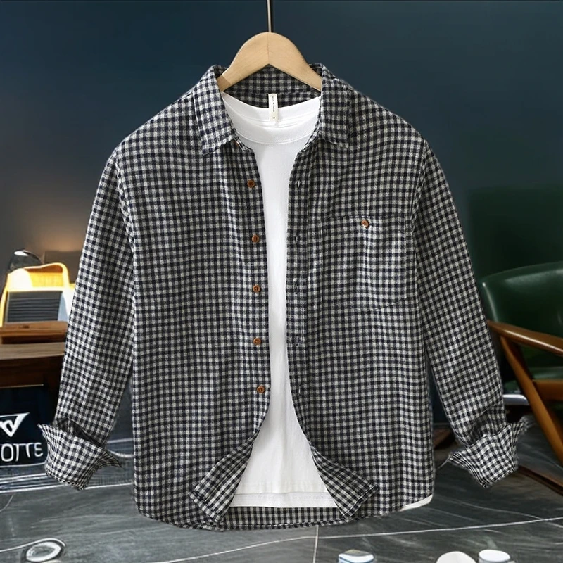 轻奢潮流日系复古格子长袖衬衫男士秋季时尚休闲百搭宽松衬衣外套