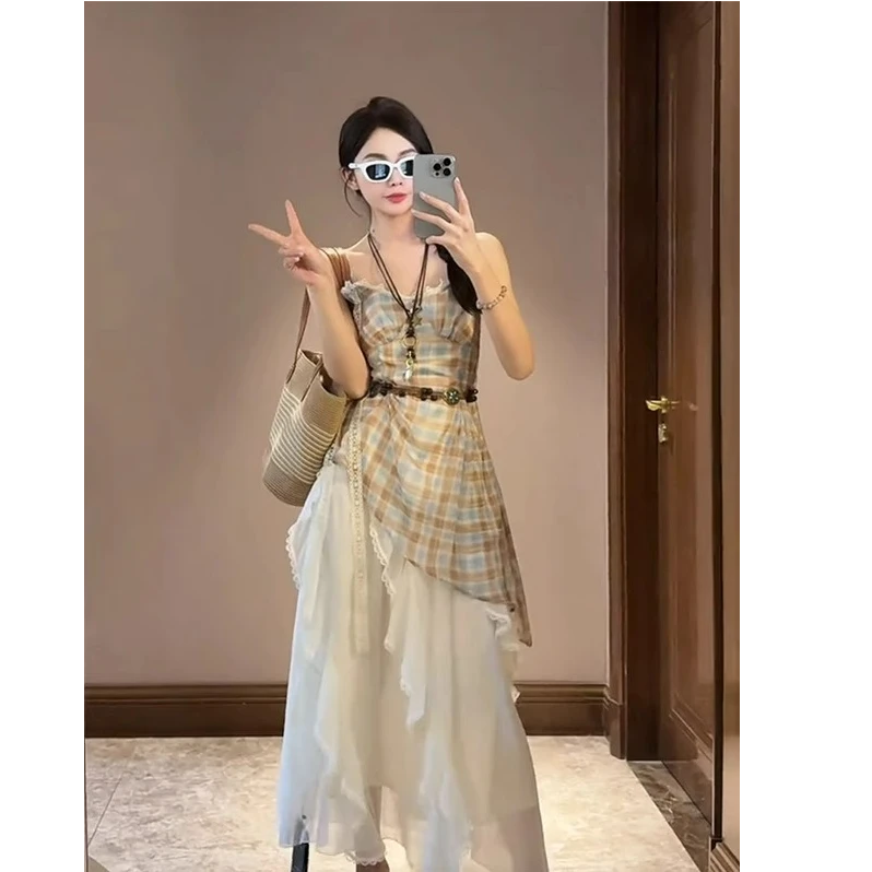 别致度假风设计感格纹不规则荷叶边上衣百搭显瘦半身裙两件套女夏