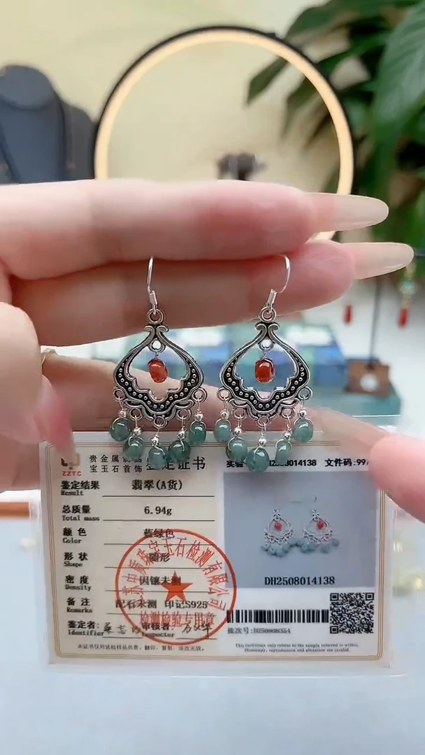 银S925镶嵌翡翠耳饰8A00000