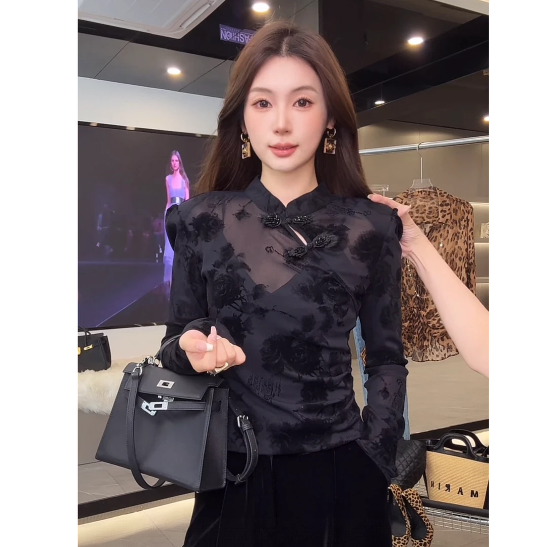 韵诗服饰-植绒休闲时尚气质新中式国风立领显瘦长袖上衣 400034