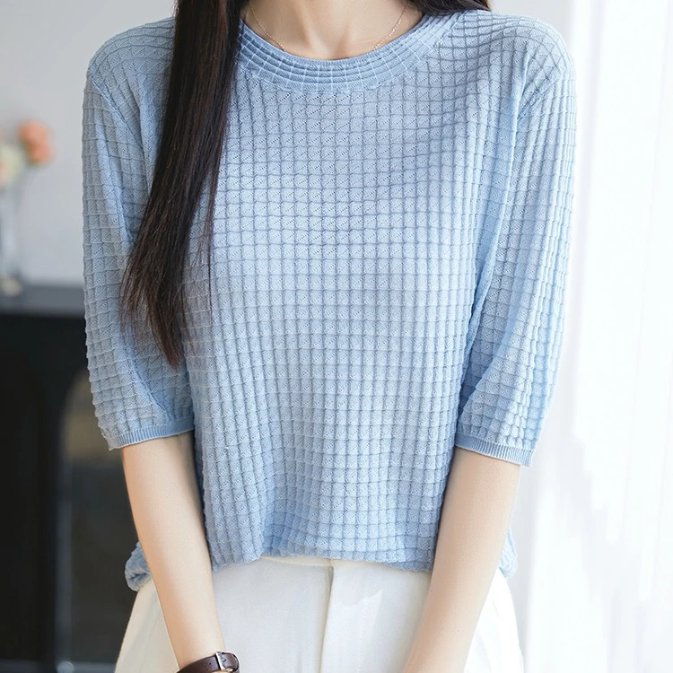夏季新款蚕丝华夫格圆领短袖针织衫时尚百搭简约女气质上衣
