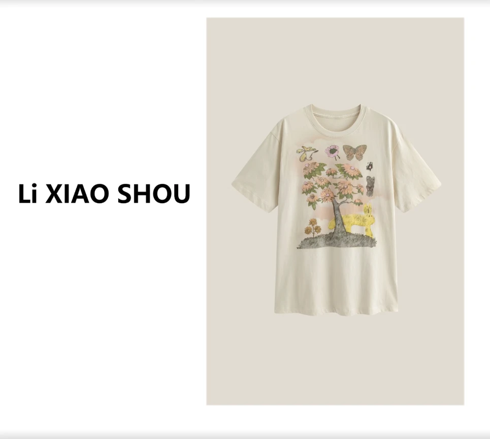 李小瘦大码女装【蝶恋花】短袖女卡通圆领百搭印花纯色高级T恤782D