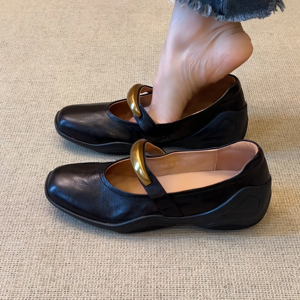 RubyL/3cm法式复古百搭舒适金属一字带圆头浅口松糕厚底单鞋女款