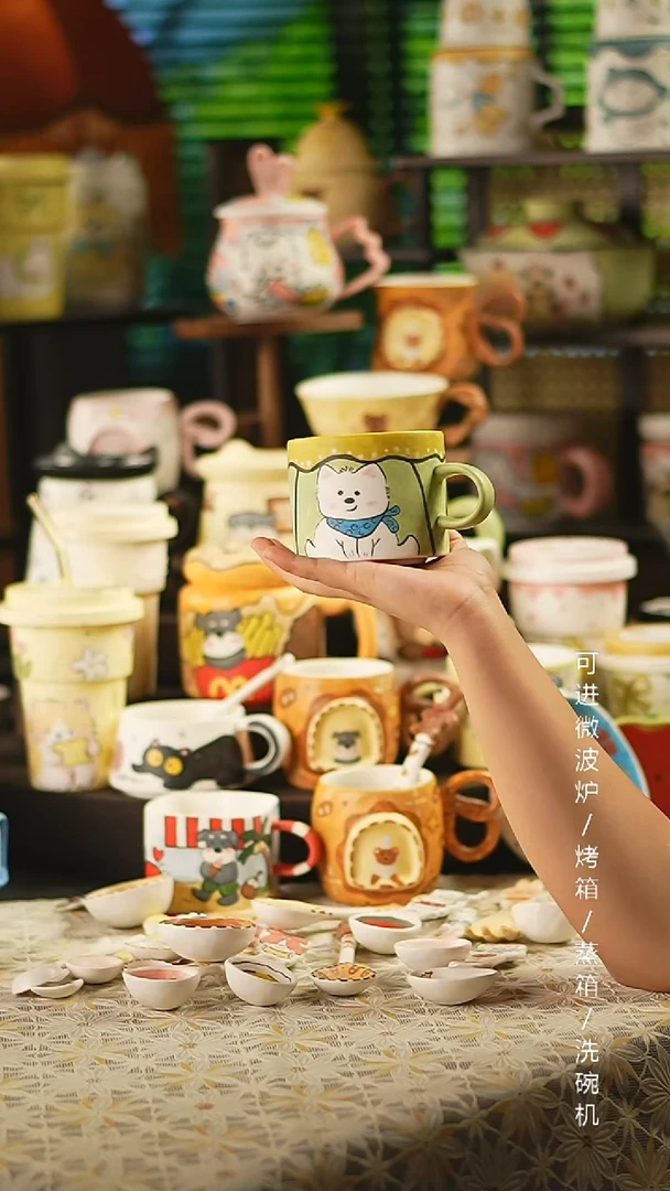 杯子景德镇高温釉下彩纯手绘创意瓷  大圆口绿色西高地杯