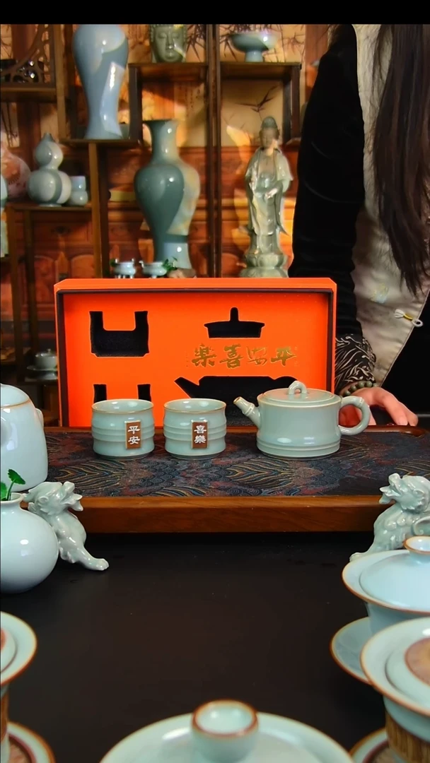 瓷片仿古釉竹节壶套装，一级品