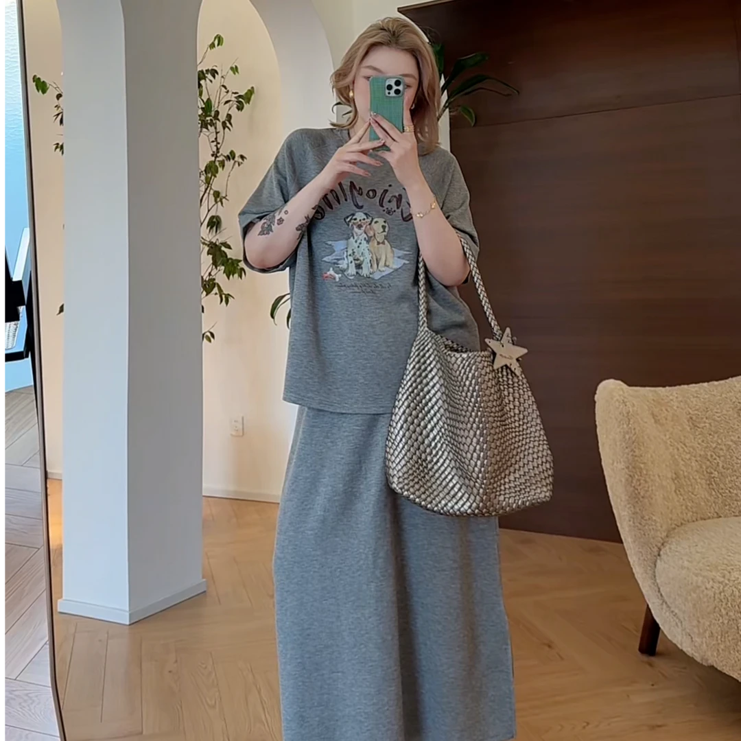 【瘦瘦】天使小狗-大码夏季印花短袖+松紧腰侧开叉半裙套装S01486