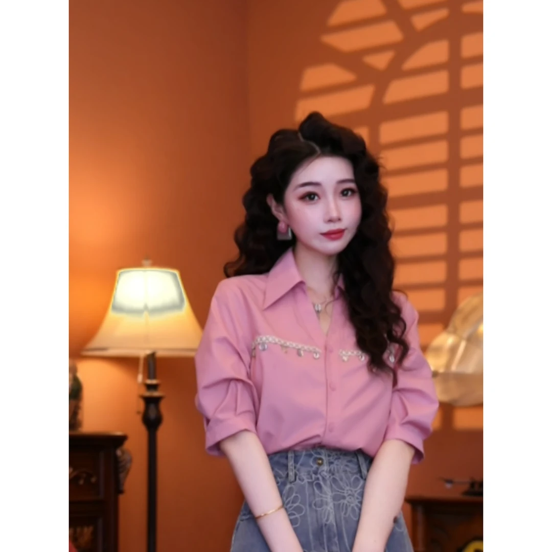 蒋肉肉【粉色天竺】港味复古时尚气质短袖上衣01827