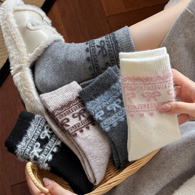 费尔岛羊毛袜子女秋冬款加厚中筒袜保暖蝴蝶结灰色袜子学院风百搭