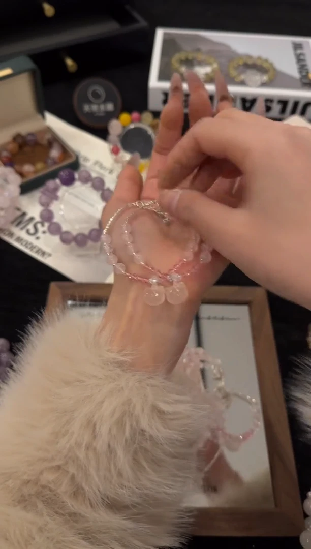 银S925镶嵌手链水晶kitty粉水晶x2310