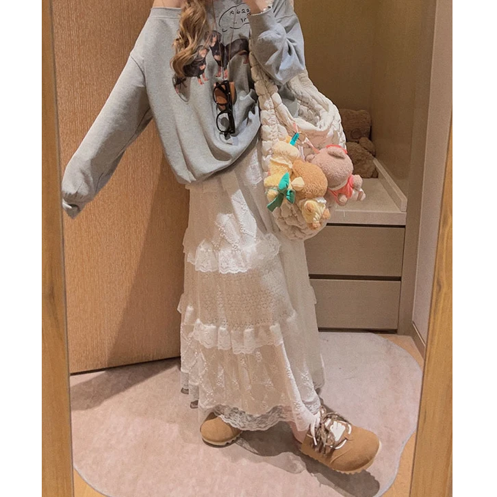 早秋蛋糕裙毛绒半身裙2025新款慵懒百搭蕾丝裙白色半身裙