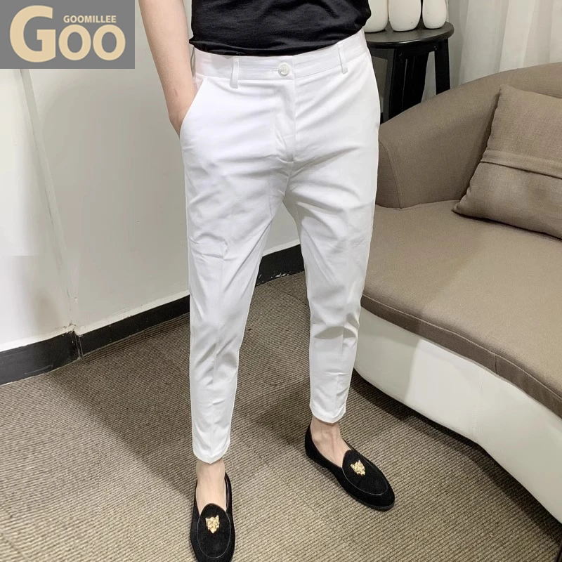 高档休闲裤男士秋季新款纯棉小脚九分裤韩版纯色锥形免烫百搭长裤