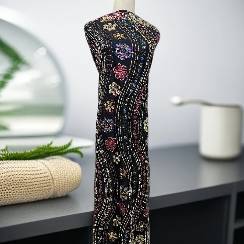 重工珠管彩色亮片绣花服装面料礼服旗袍民族风连衣裙布料