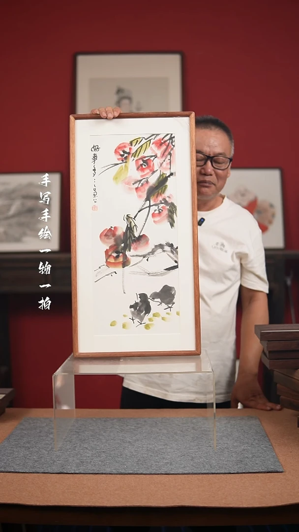 国画手绘-36*69实木框花鸟