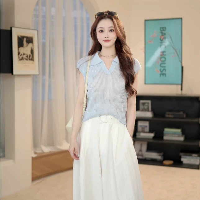 Basic House/百家好2025新款夏季时尚气质显瘦V领针织衫女NXD60