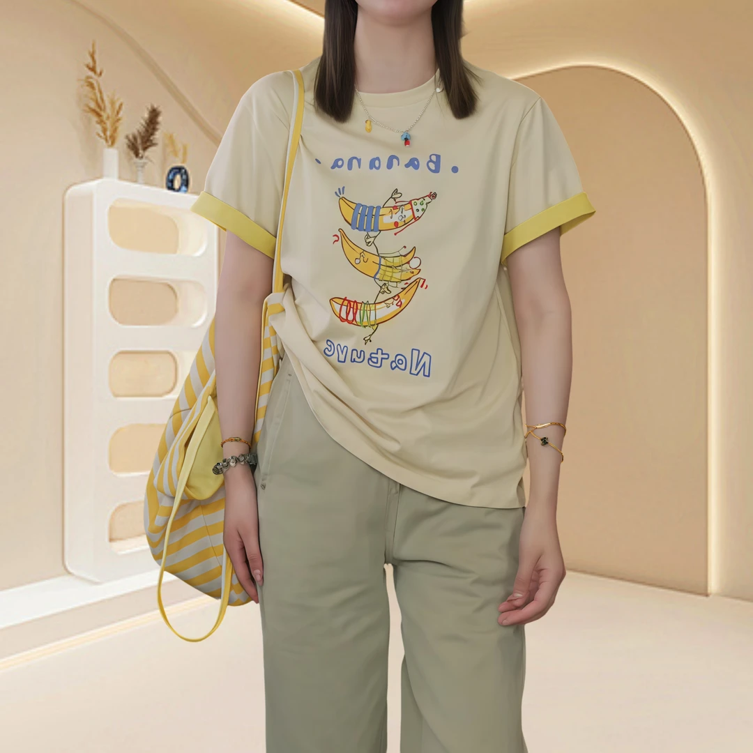 【趣味香蕉】圆领撞色短袖T恤女2025夏季新款韩系风趣味印花上衣ins