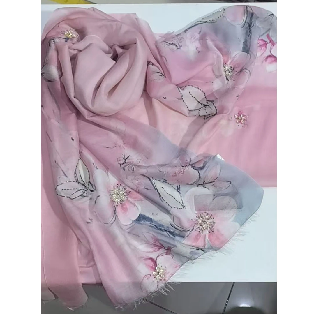 Y042 粉色玉兰花 印染镶钻 桑蚕丝羊毛丝巾 围巾 披肩 75*180cm Y