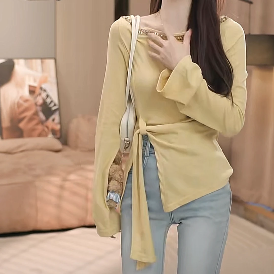 设计感烫钻修身不规则纯欲风T恤女春季2025新款圆领长袖打底衫