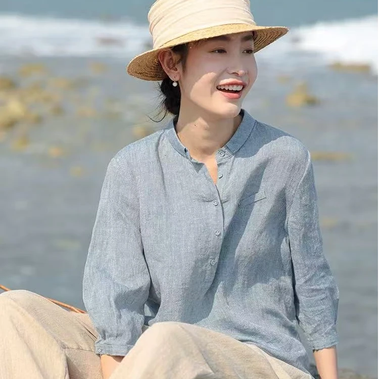 【左耳与麻】夏季新品高货100%色织汉麻套头法式衬衫遮肉百搭52028