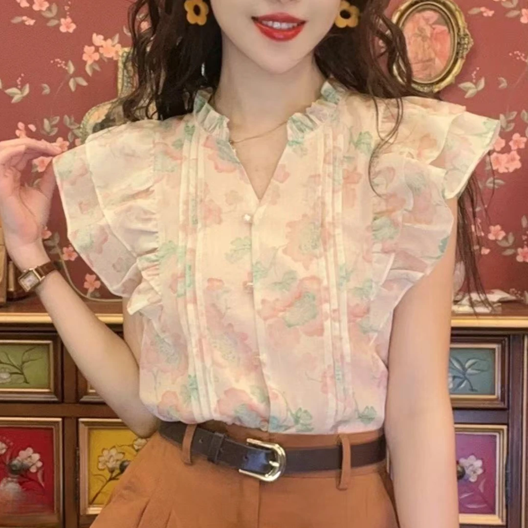 港风复古v领衬衣木耳边短袖衬衫女夏款小飞袖上衣别致小衫9603