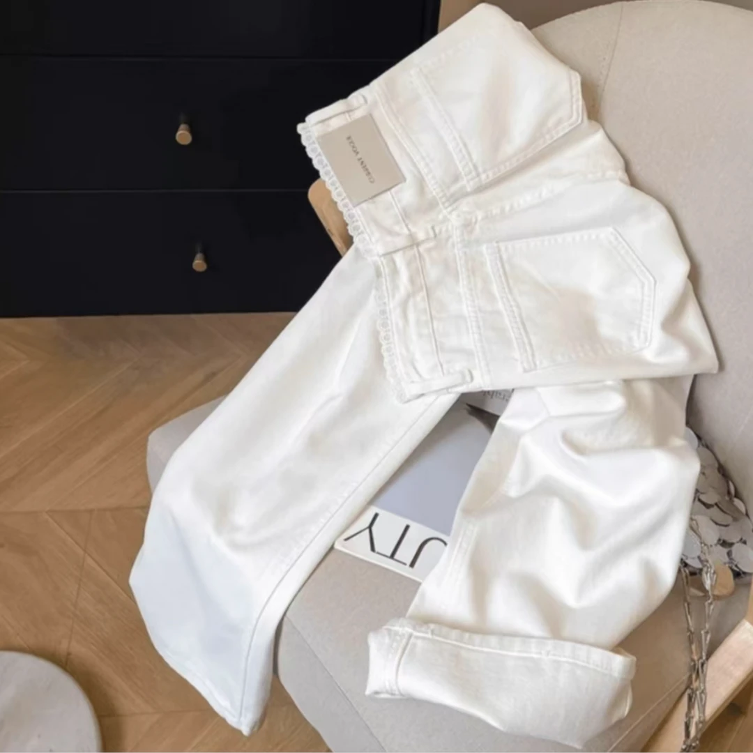 【送蕾丝花边腰带】白色蕾丝边高腰牛仔裤女春夏显瘦窄版阔腿裤子潮