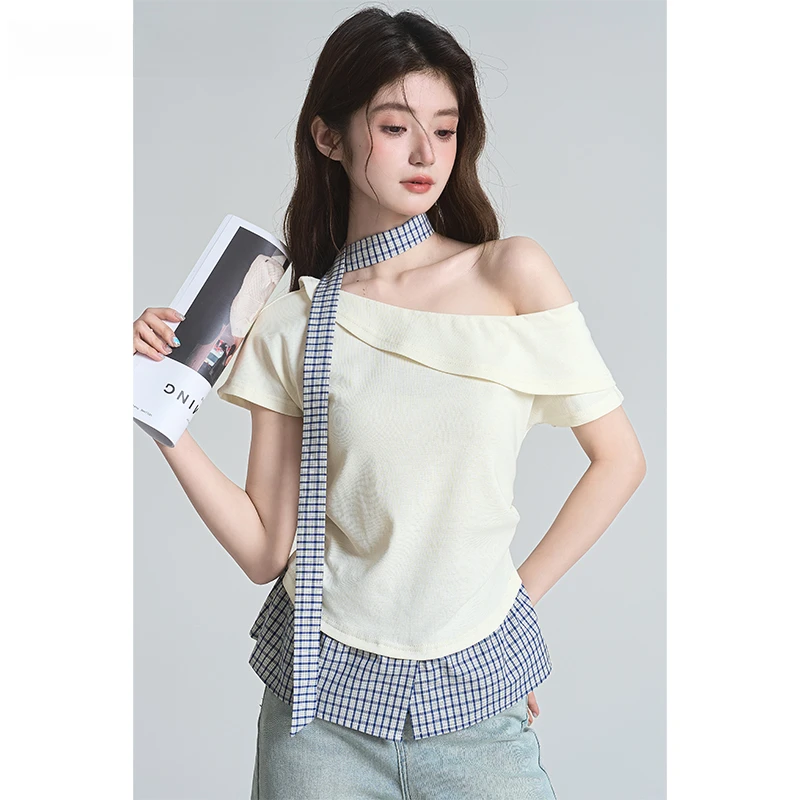 帛卡琪2025夏季新款杏色露肩假两件短袖t恤女收腰一字肩上衣