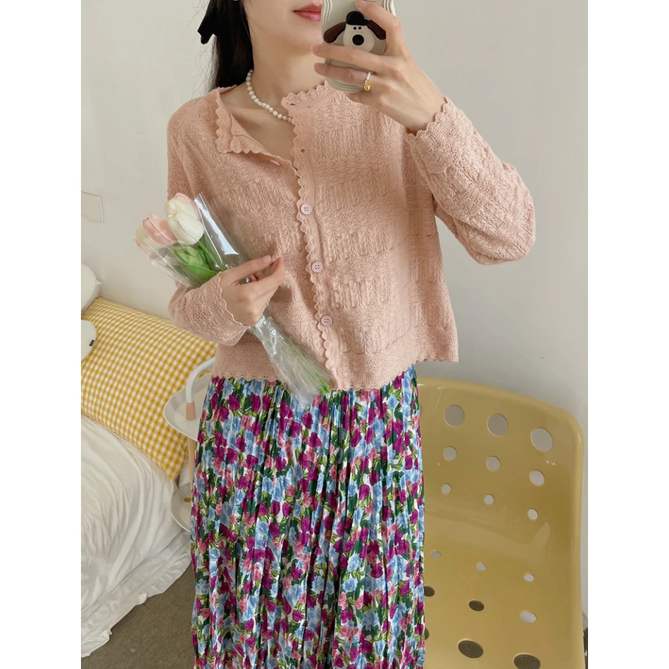 3002【波浪门襟浮雕开衫】春季新款气质女士针织衫外穿上衣