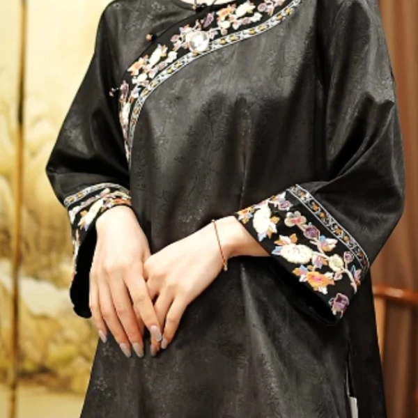 改良斜襟(黑色上衣)盘口新中式女装重工国风刺绣新中式绣花复古