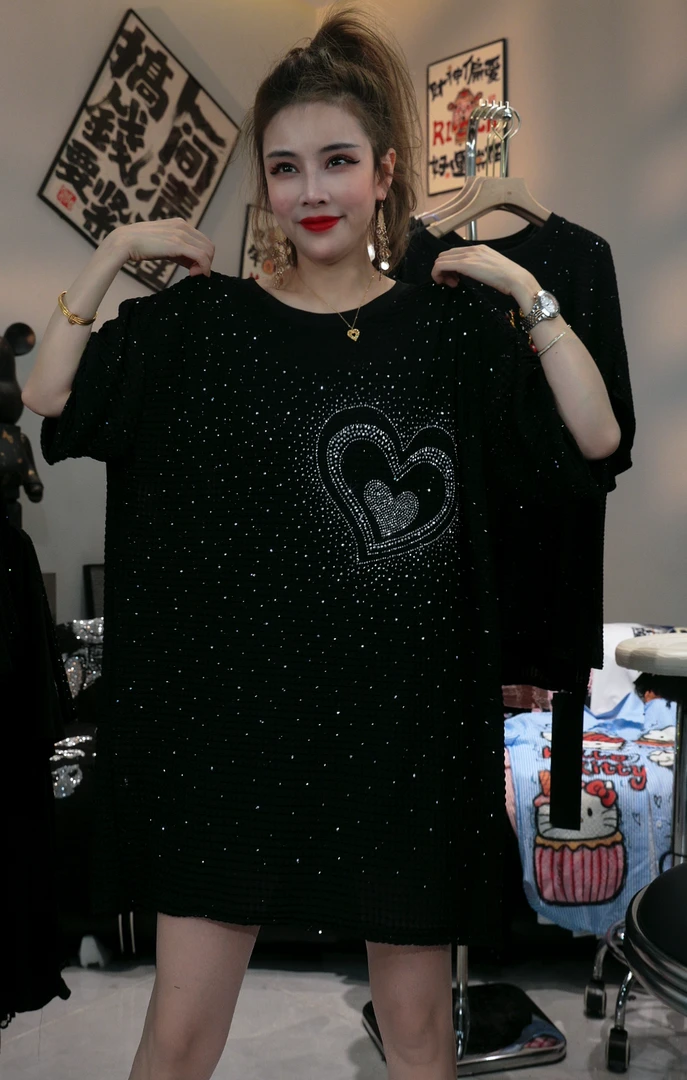爱心-黑色潮流韩系宽松大版短袖黑T恤