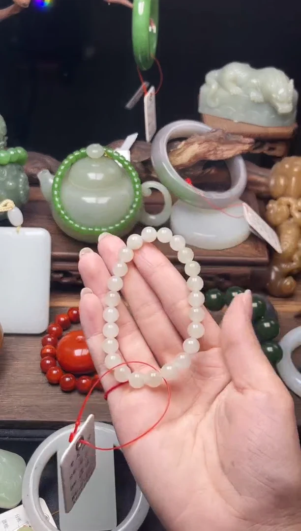 手串未镶嵌和田玉叶**伤卡8新疆于田 圆珠9012347