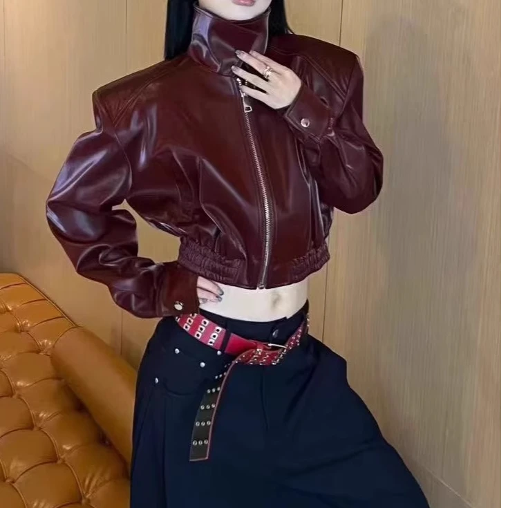 2025秋季新款法式气质软皮PU皮衣红色外套女宽松短款收腰夹克上衣