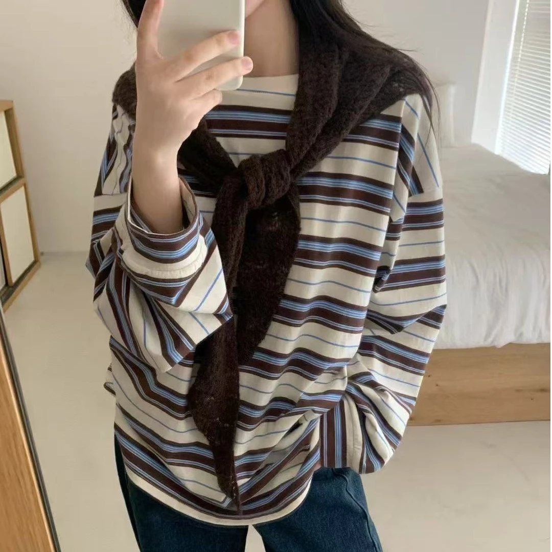 NO退NO换  长袖撞色条纹女圆领T恤休闲百搭设计感