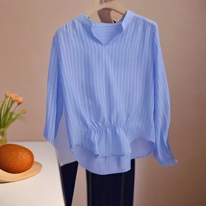 法式设计感条纹衬衫女初秋新款大码微胖mm百搭显瘦遮肚子长袖上衣