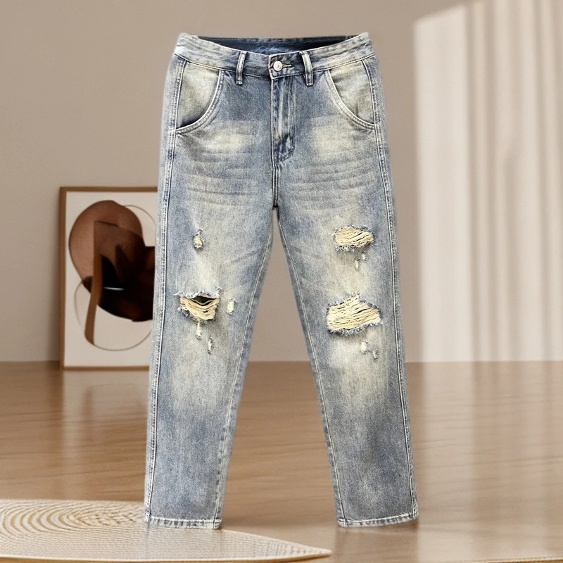 破洞乞丐裤子男高街复古哈伦九分裤春夏季男款宽松直筒潮牌牛仔裤