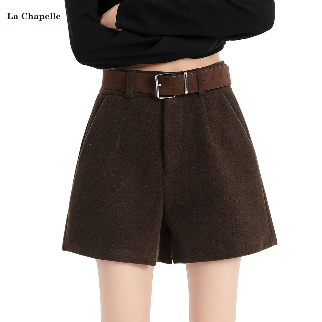拉夏贝尔毛呢a字阔腿短裤女秋冬季外穿美拉德高腰显瘦靴裤配靴子