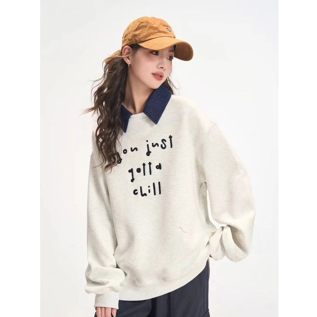 休闲青少女卫衣秋季假两件设计感重工中学生宽松休闲牛仔上衣新款