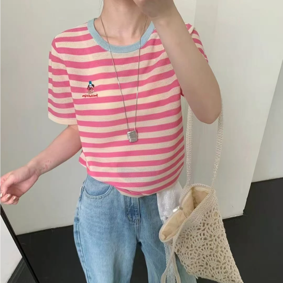 【香姐推荐】【5132】【十六上】夏季时尚新款圆领条纹针织短袖上衣长60