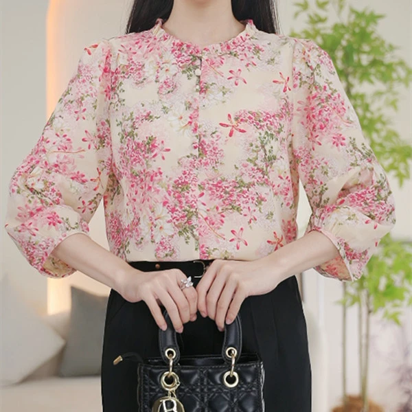 L078七分袖雪纺衫女夏季新款女装宽松遮肚子上衣减龄妈妈中袖小衫