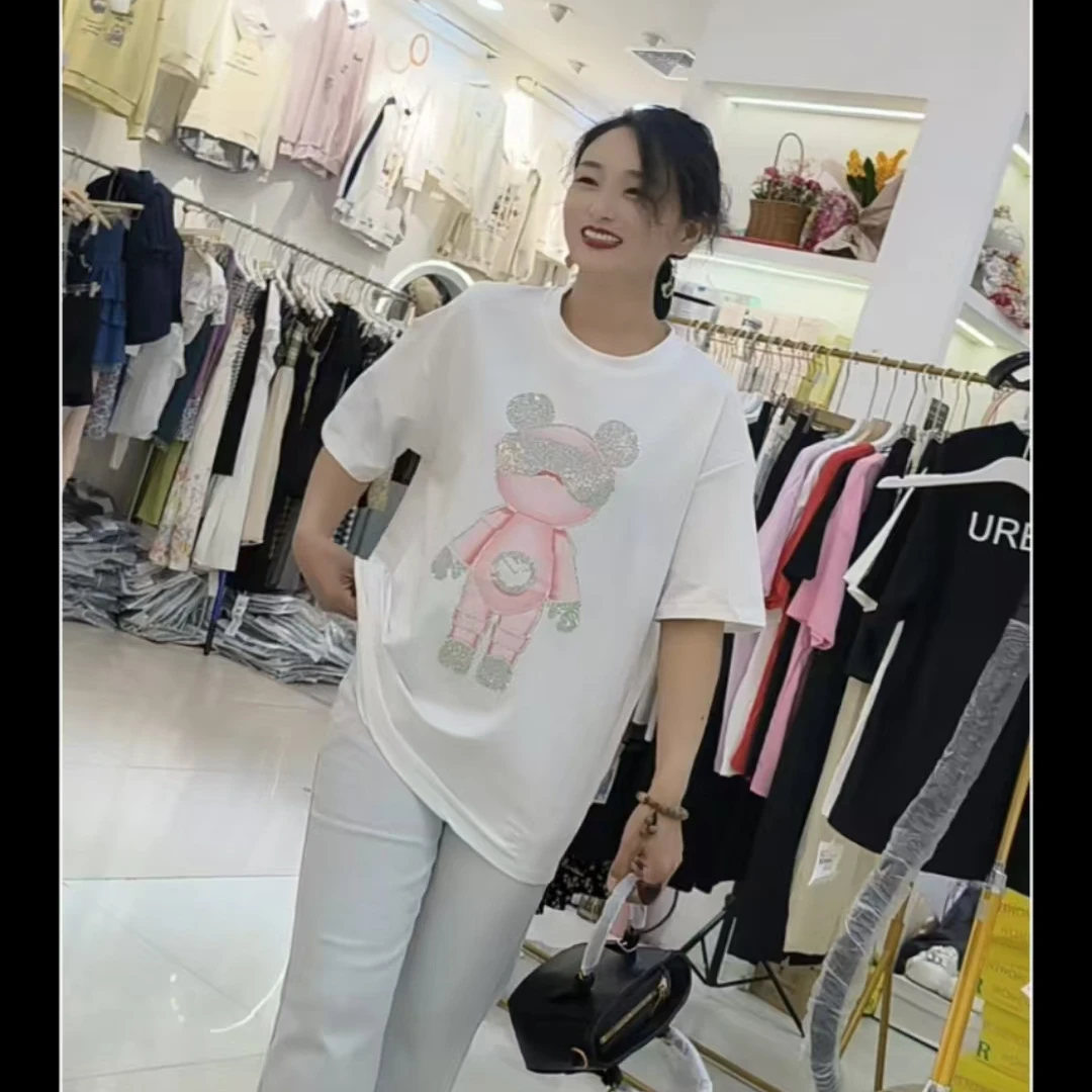 T恤时尚休闲夏季印花圆领重工卡通运动百搭女士半袖宽松t-47