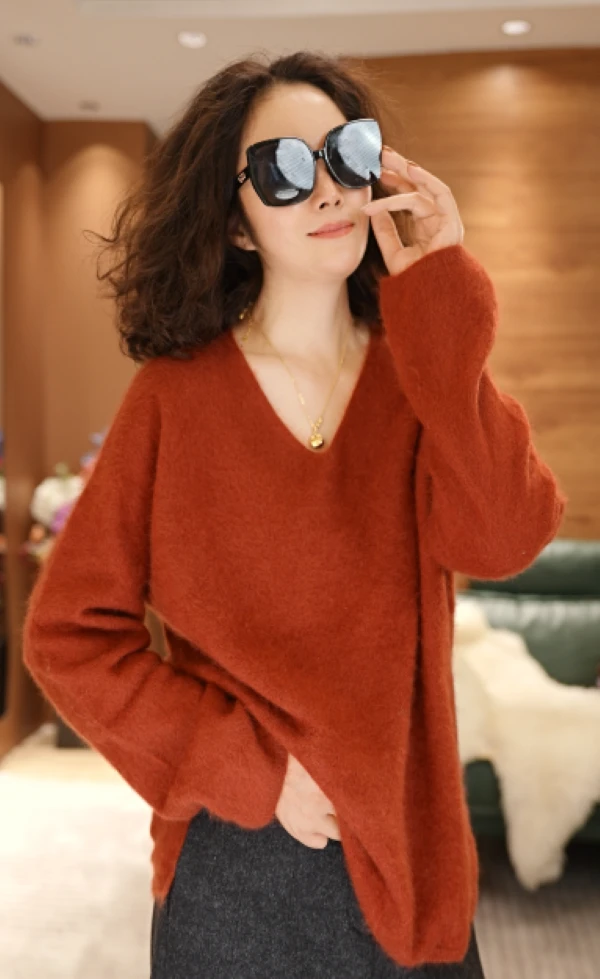 JIUER拉毛长绒山羊 绒羊 毛纯色简约V领下摆开叉套头毛衣8361