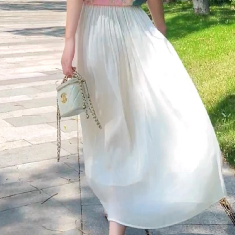 【素雅清风】2025爆款新款高腰显瘦时尚百搭气质纯色琉璃珠光半身裙