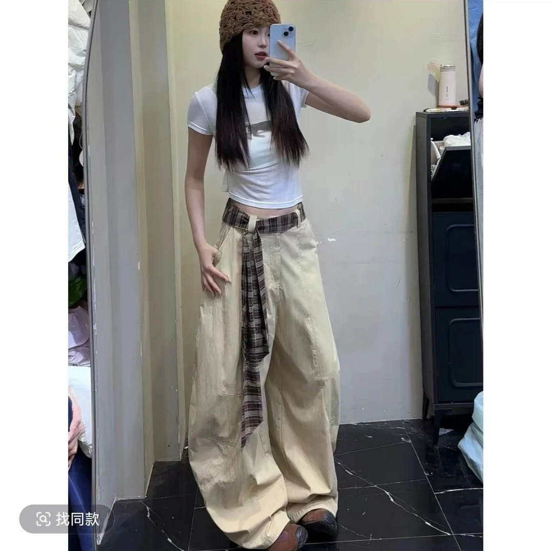 夏季新款女美式复古百搭设计感拼接格子松弛感宽松阔腿弯刀拖地裤