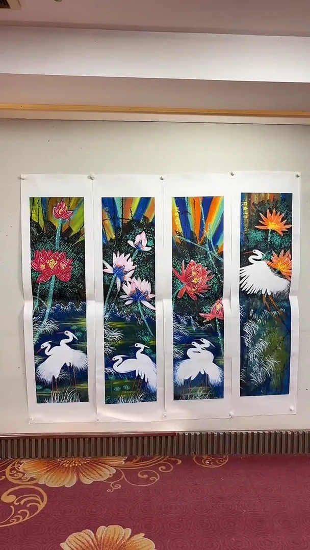 国画水彩荷花四条屏/托底/雷畅胜